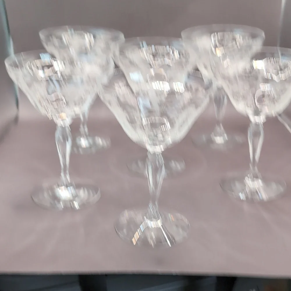 Six 6 Vintage Fostoria Florentine Etched Crystal Champagne Coupe Glasses 5.5